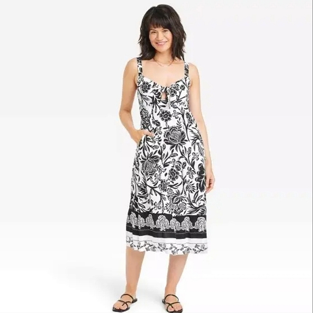Knox Rose Midi Sundress Smocked Back Black & White Floral S